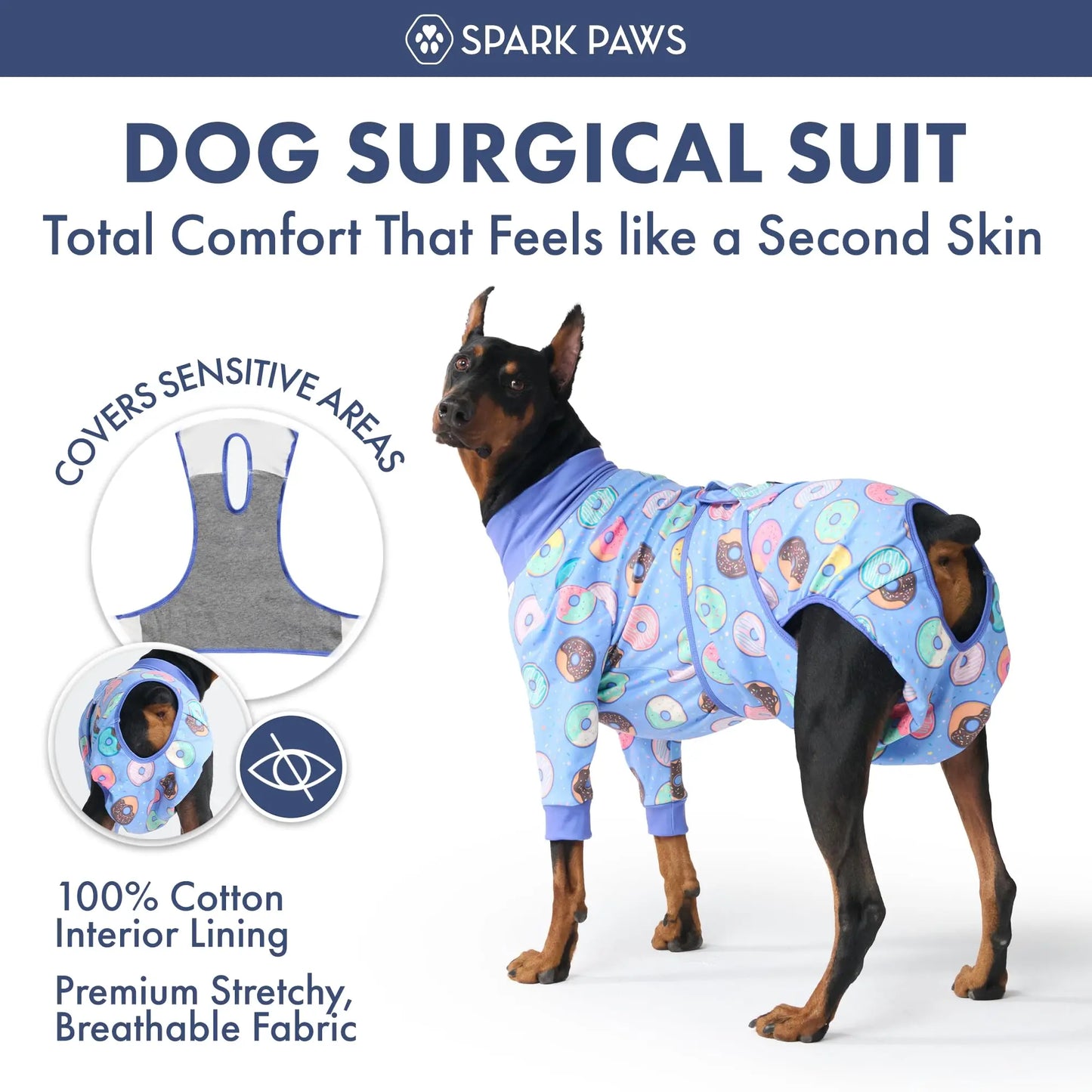 Spark Paws Dog Surgery Recovery Suit – Dog Recovery Suit after Surgery, Anti-Lick Dog Onesie, Abdominal Wound Protector, Soft Cone Alternative for Spay Neuter Male Female Pet Recovery - Donuts - S