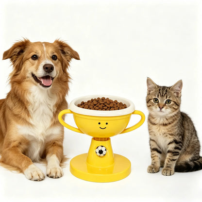 Trophy Shaped Raised Pet Food Bowl - Adjustable Tilted Ceramic Feeder, Neck-Friendly, Anti-Slip, for Cats & Small Medium Dogs